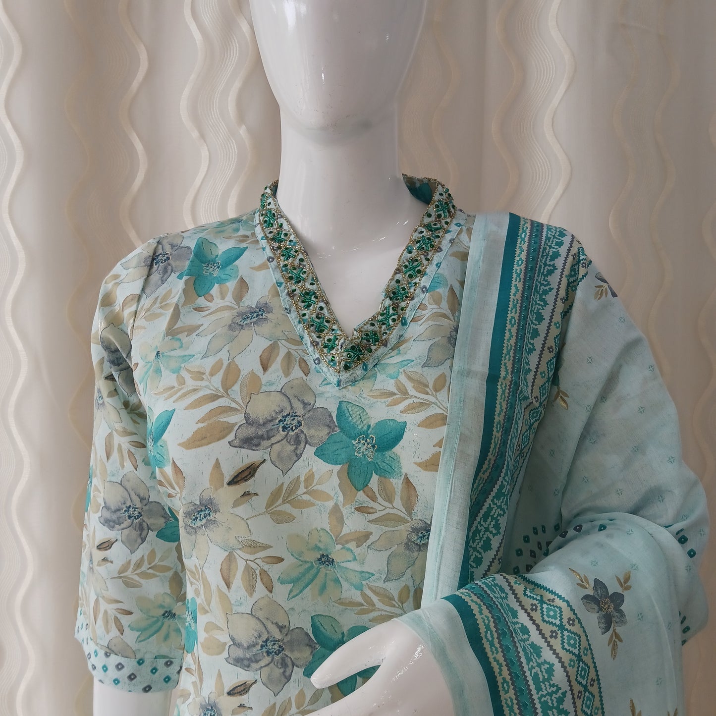 Straight Cut 3-Piece Suit with Dupatta and 3/4 Sleeves