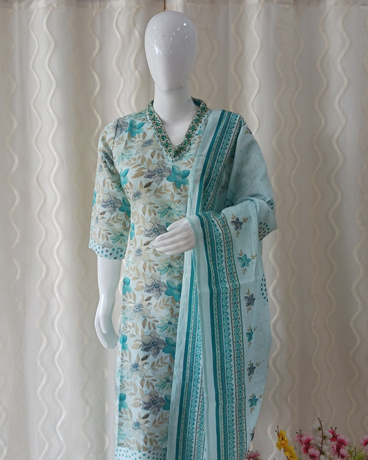 Straight Cut 3-Piece Suit with Dupatta and 3/4 Sleeves