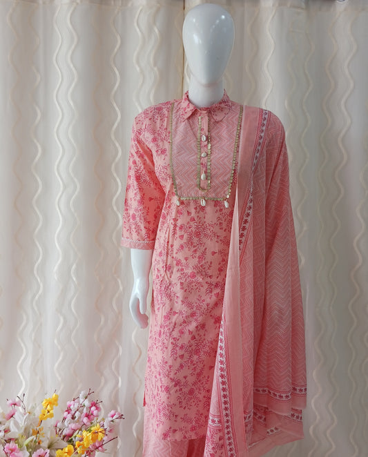 Straight Cut 3-Piece Suit with Dupatta and 3/4 Sleeves