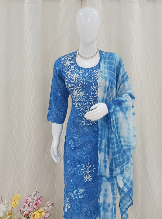 Straight Cut 3-Piece Suit with Dupatta and 3/4 Sleeves