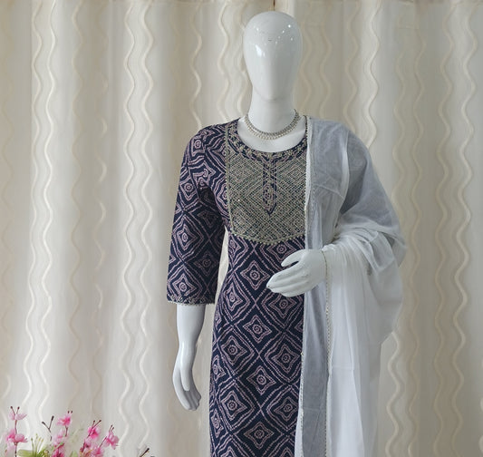 Straight Cut 3-Piece Suit with Dupatta and 3/4 Sleeves