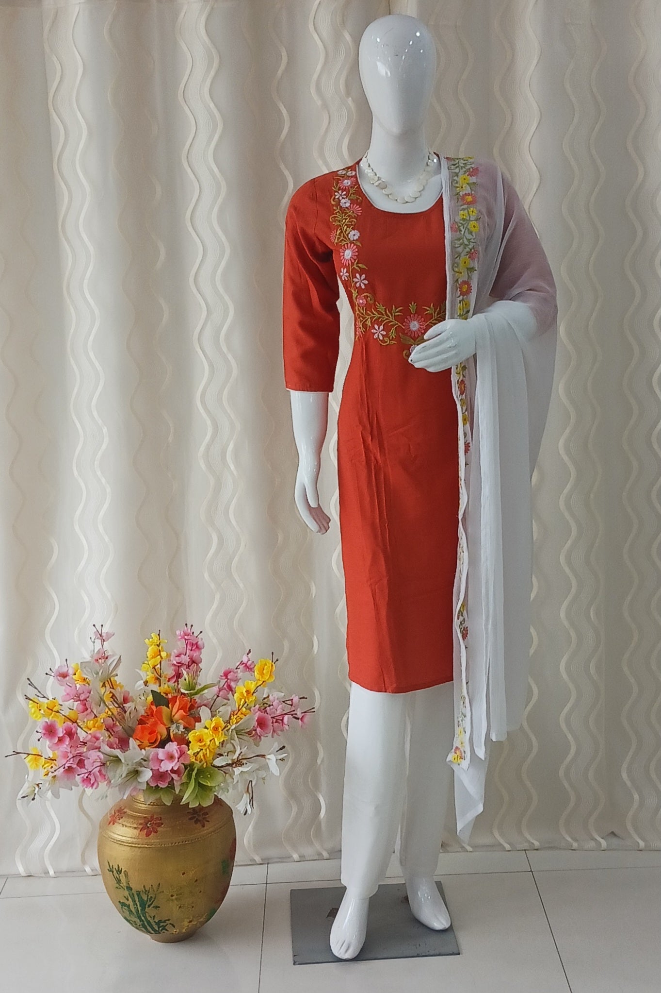 Straight Cut 3-Piece Suit with Dupatta and 3/4 Sleeves