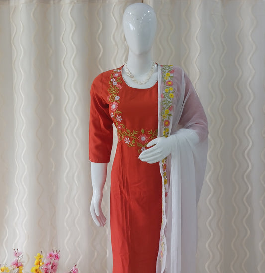 Straight Cut 3-Piece Suit with Dupatta and 3/4 Sleeves