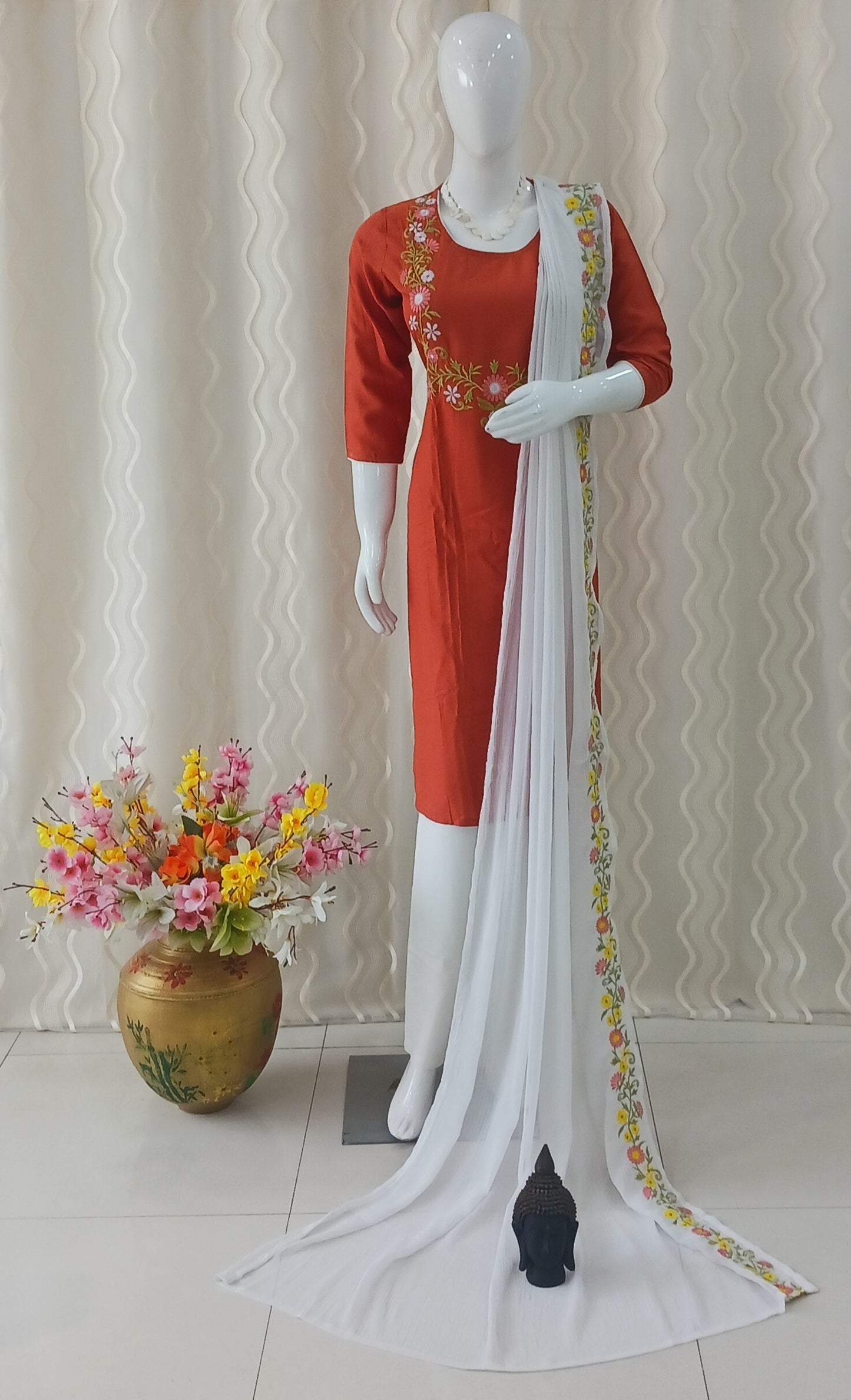 Straight Cut 3-Piece Suit with Dupatta and 3/4 Sleeves
