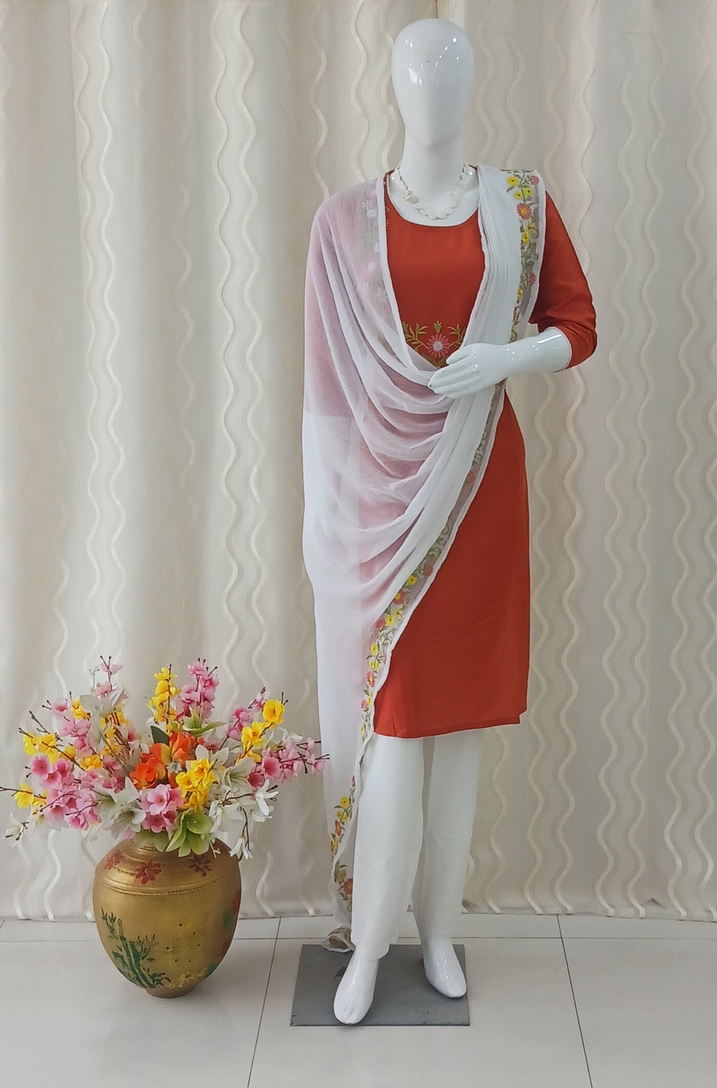 Straight Cut 3-Piece Suit with Dupatta and 3/4 Sleeves