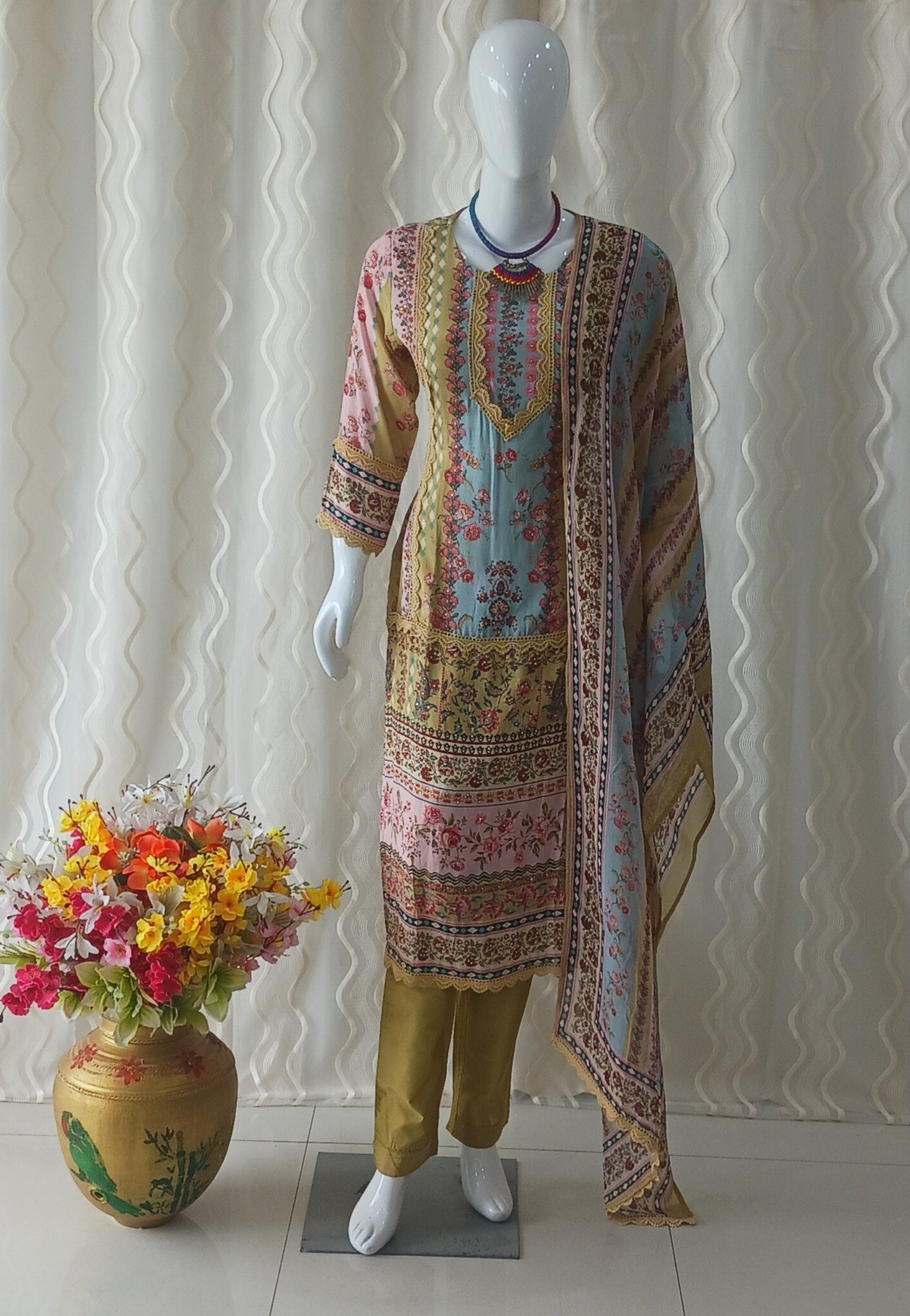 Straight Cut 3-Piece Suit with Dupatta and 3/4 Sleeves