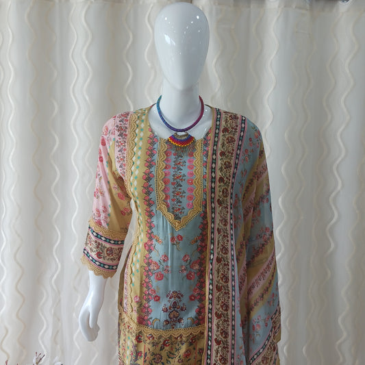 Straight Cut 3-Piece Suit with Dupatta and 3/4 Sleeves
