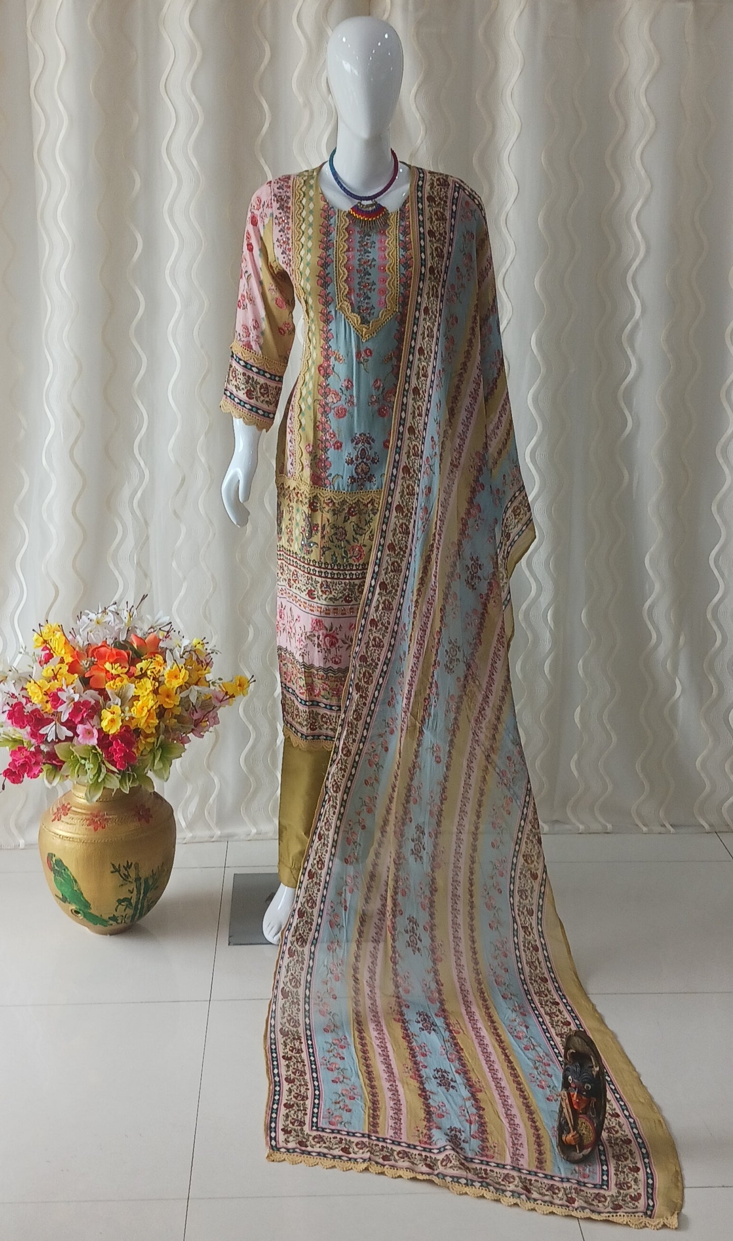 Straight Cut 3-Piece Suit with Dupatta and 3/4 Sleeves