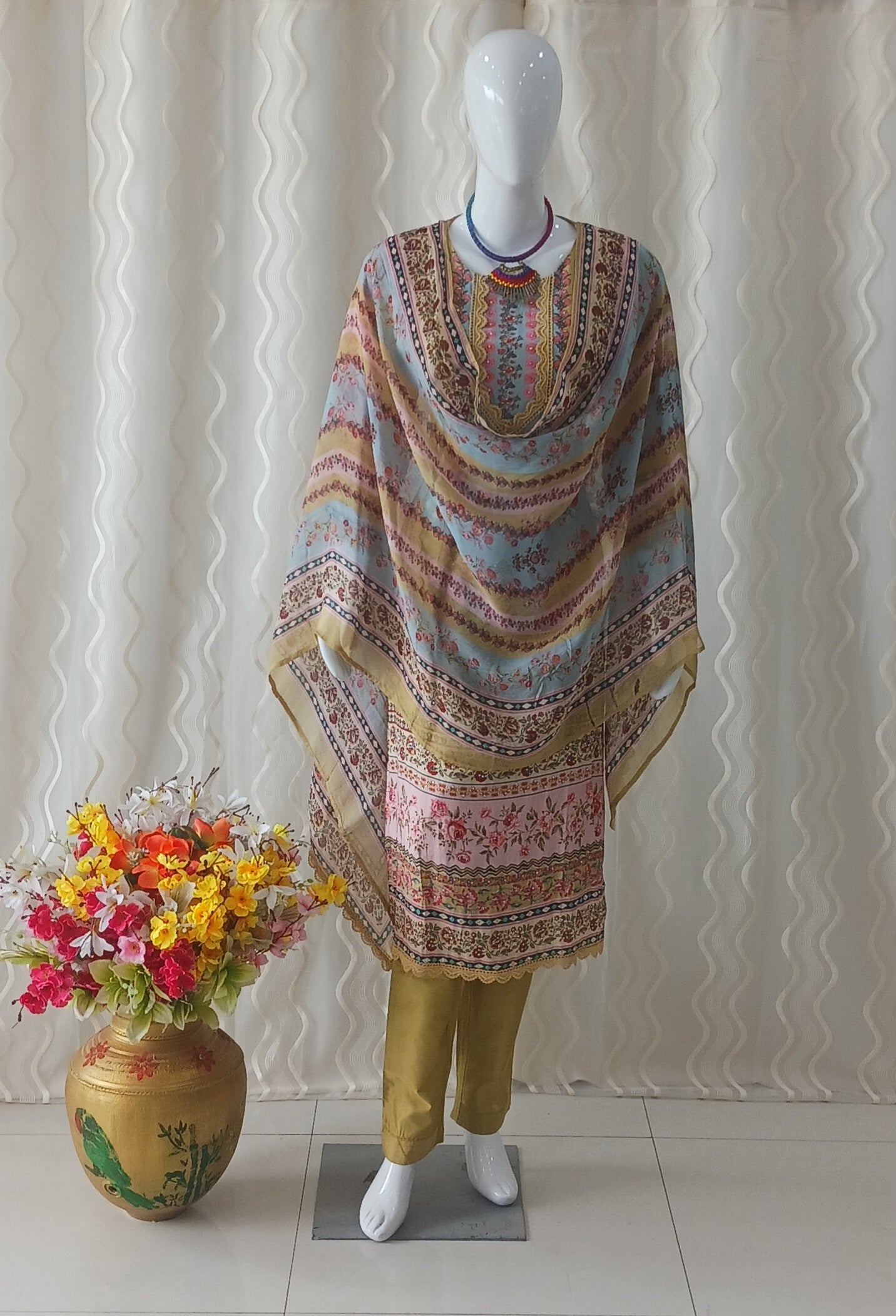 Straight Cut 3-Piece Suit with Dupatta and 3/4 Sleeves