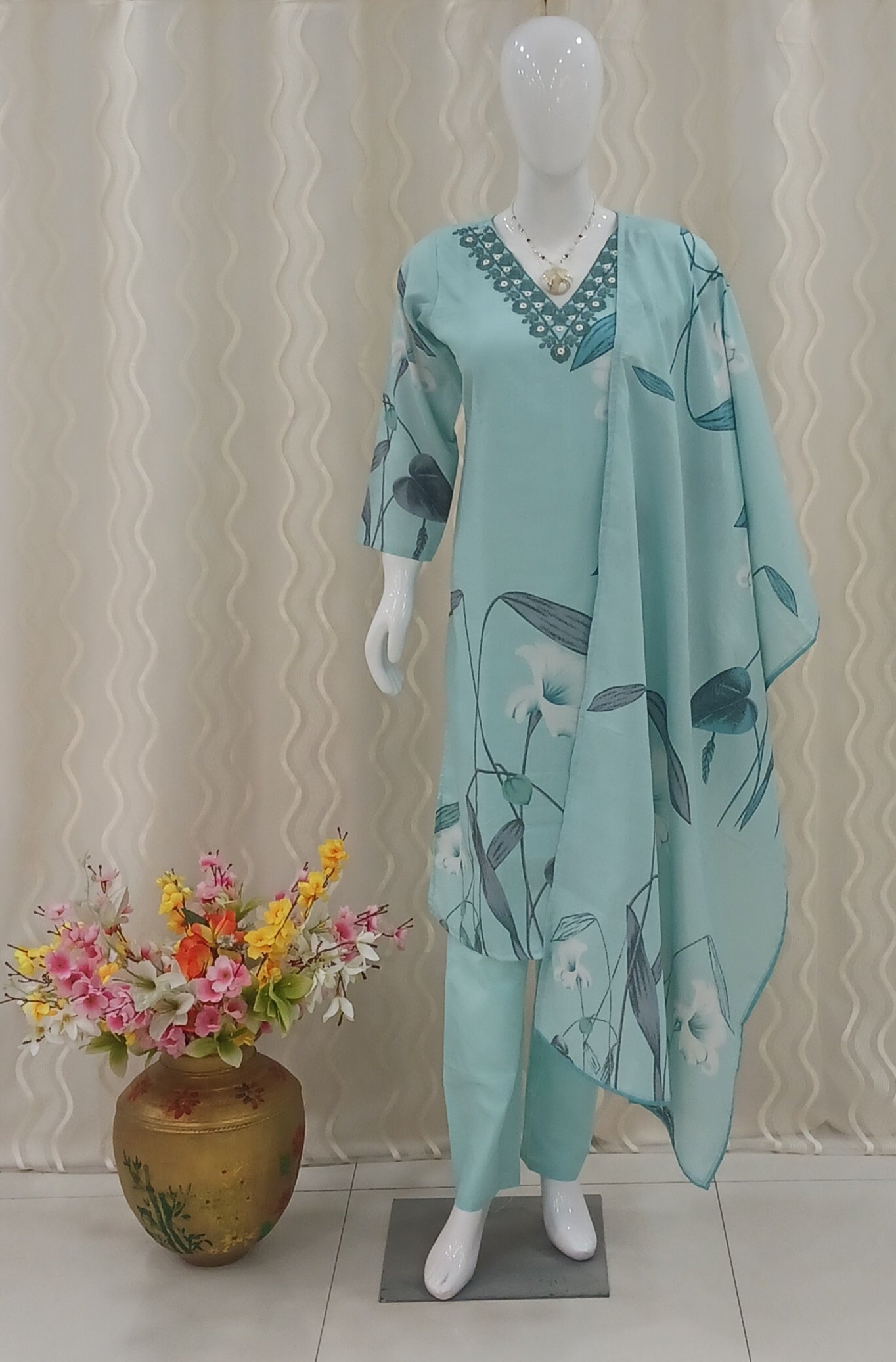 Straight Cut 3-Piece Suit with Dupatta and 3/4 Sleeves