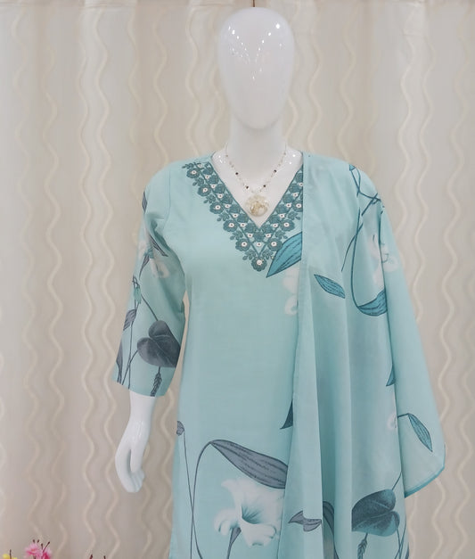 Straight Cut 3-Piece Suit with Dupatta and 3/4 Sleeves