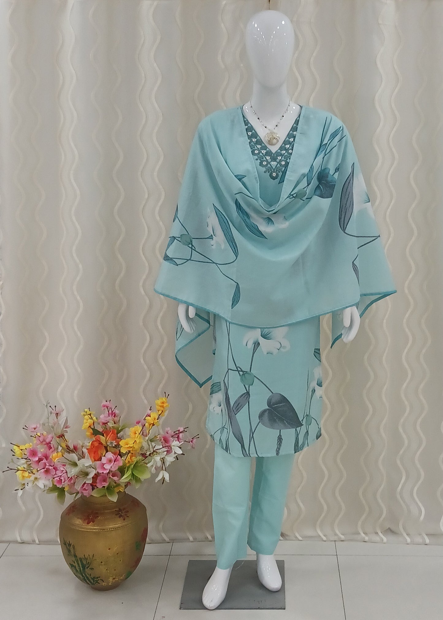 Straight Cut 3-Piece Suit with Dupatta and 3/4 Sleeves