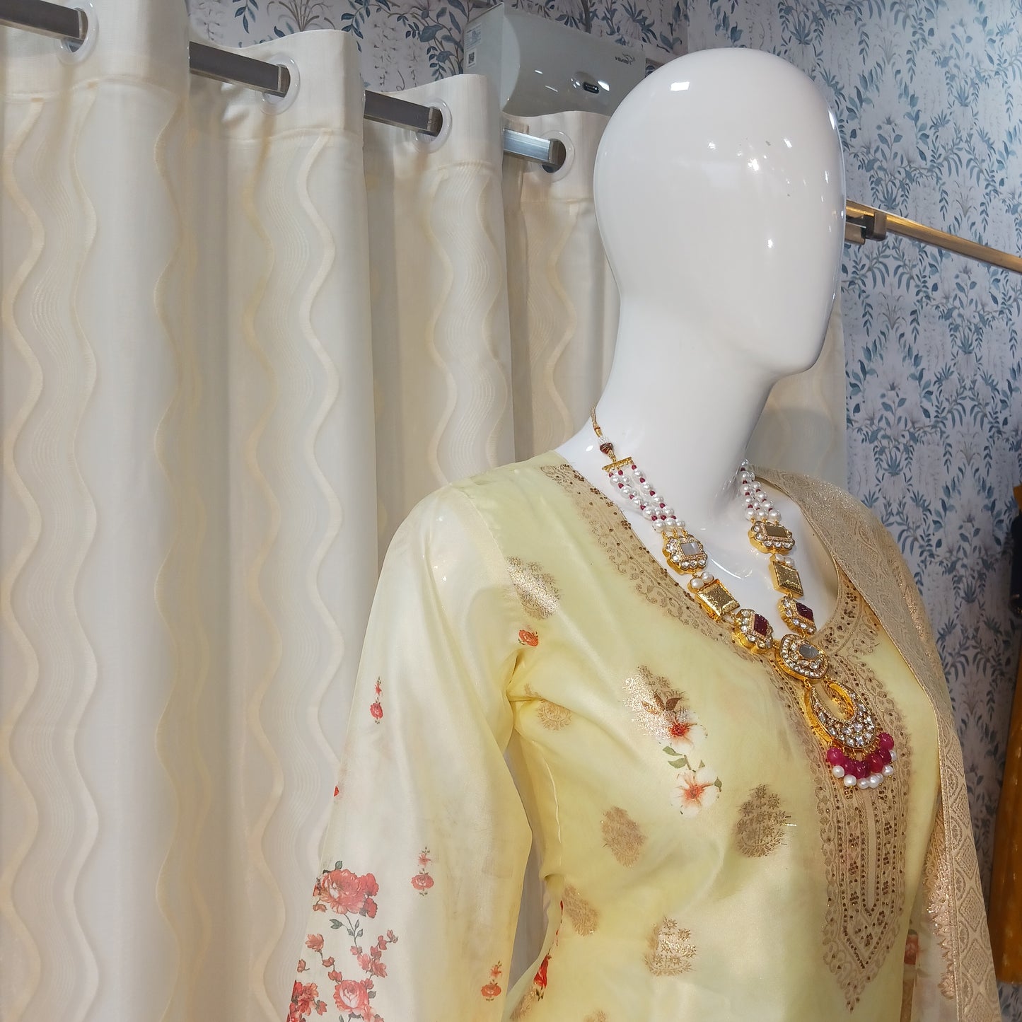 Straight Cut 3-Piece Suit with Work Dupatta and 3/4 Sleeves