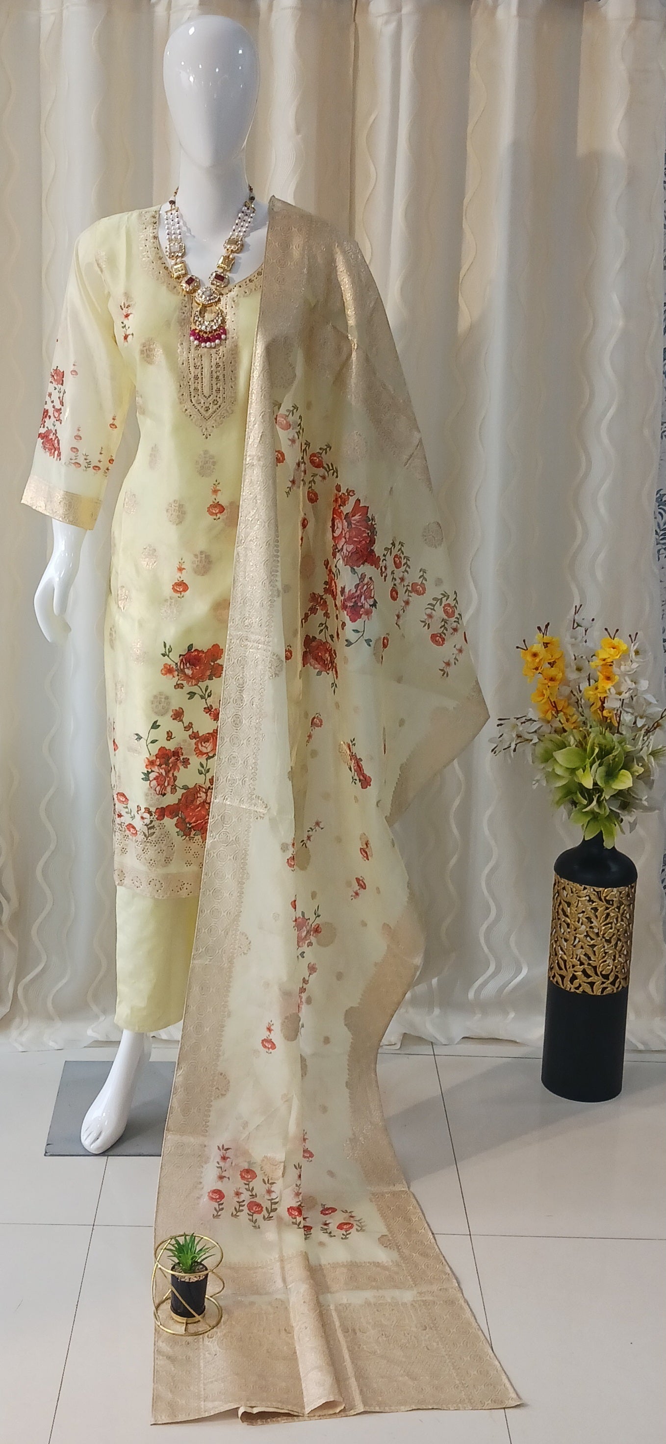 Straight Cut 3-Piece Suit with Work Dupatta and 3/4 Sleeves