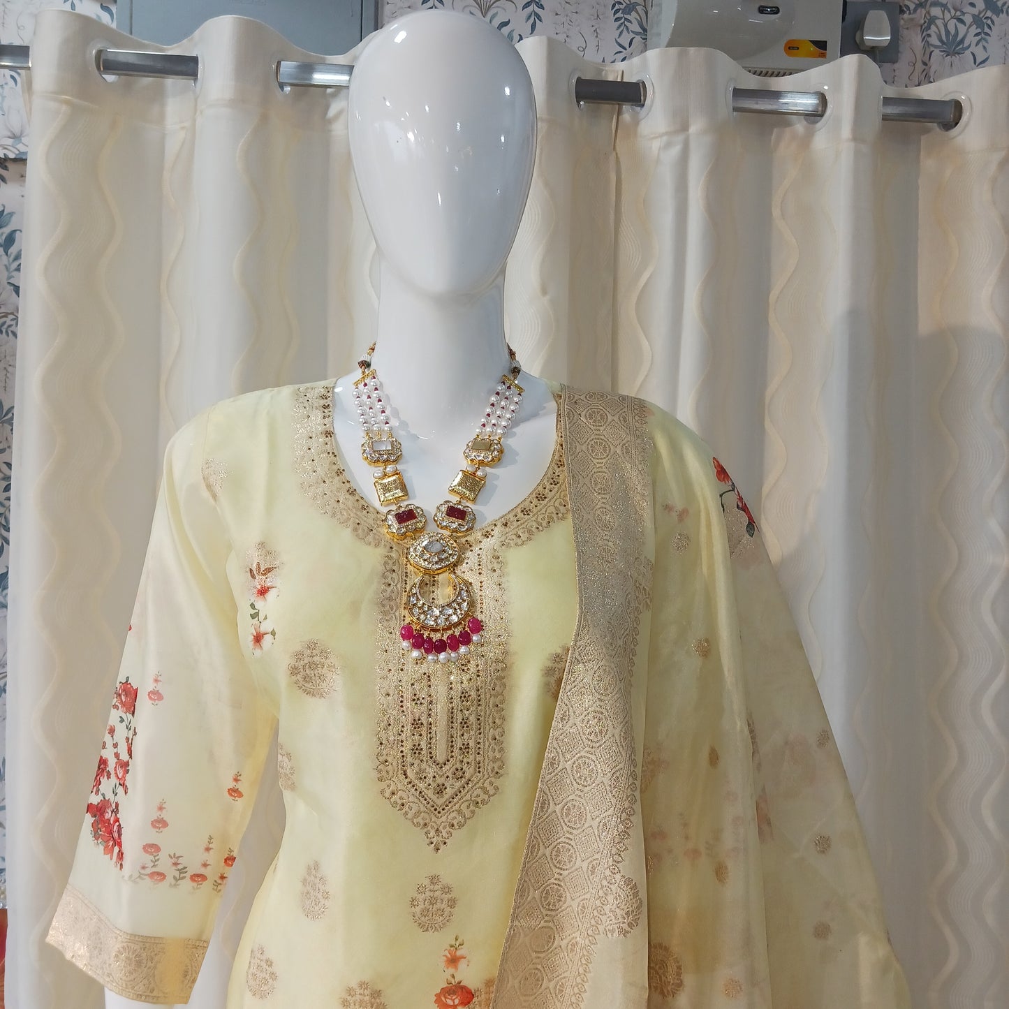 Straight Cut 3-Piece Suit with Work Dupatta and 3/4 Sleeves