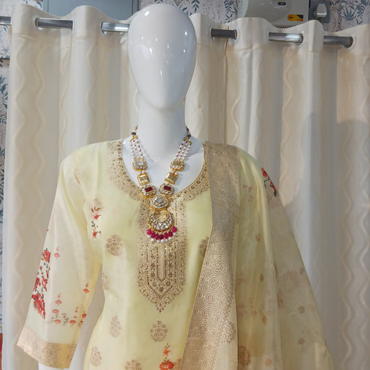 Straight Cut 3-Piece Suit with Work Dupatta and 3/4 Sleeves