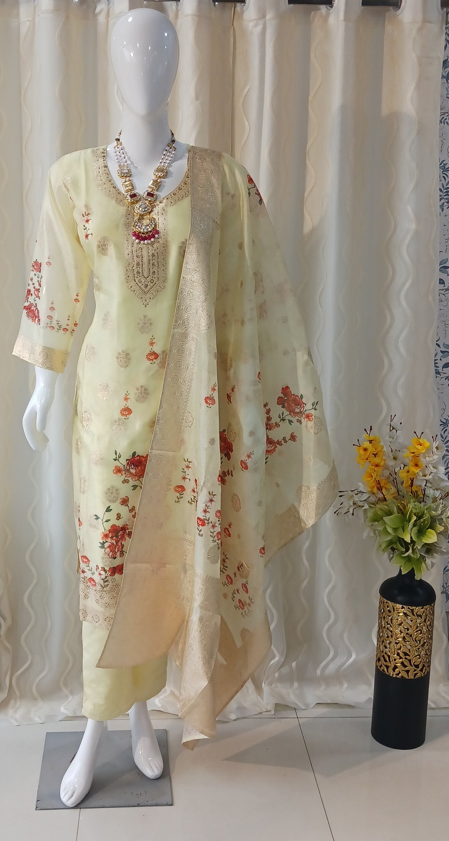 Straight Cut 3-Piece Suit with Work Dupatta and 3/4 Sleeves