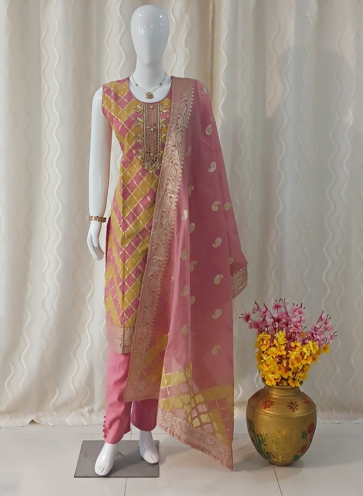 Straight Cut 3-Piece Suit with Work Dupatta and Attached Sleeves