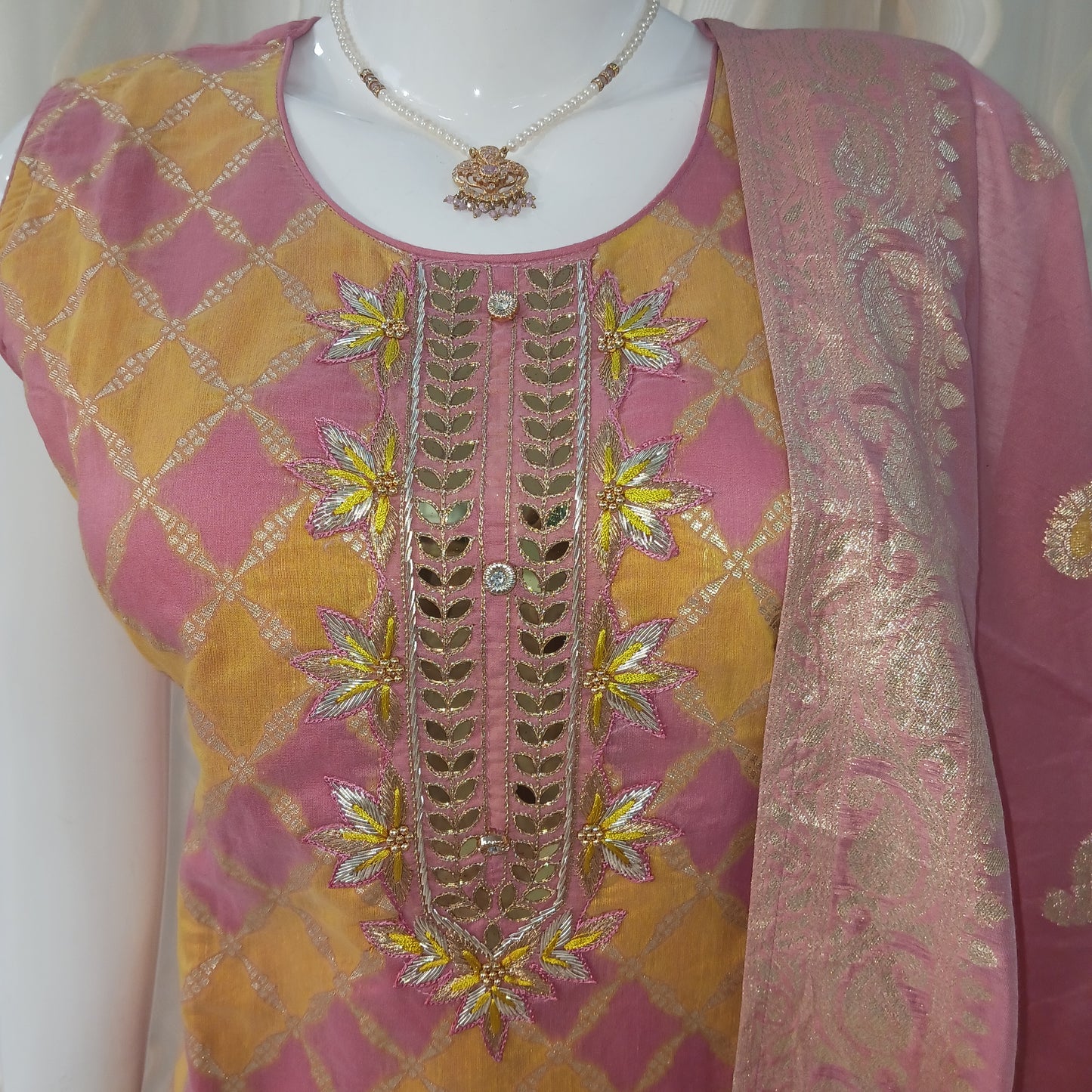 Straight Cut 3-Piece Suit with Work Dupatta and Attached Sleeves