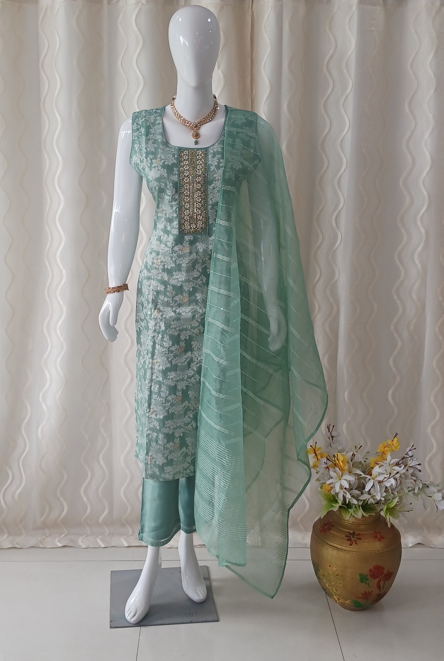 Straight Cut 3-Piece Suit with Netted Dupatta and Attached Sleeves