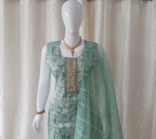 Straight Cut 3-Piece Suit with Netted Dupatta and Attached Sleeves