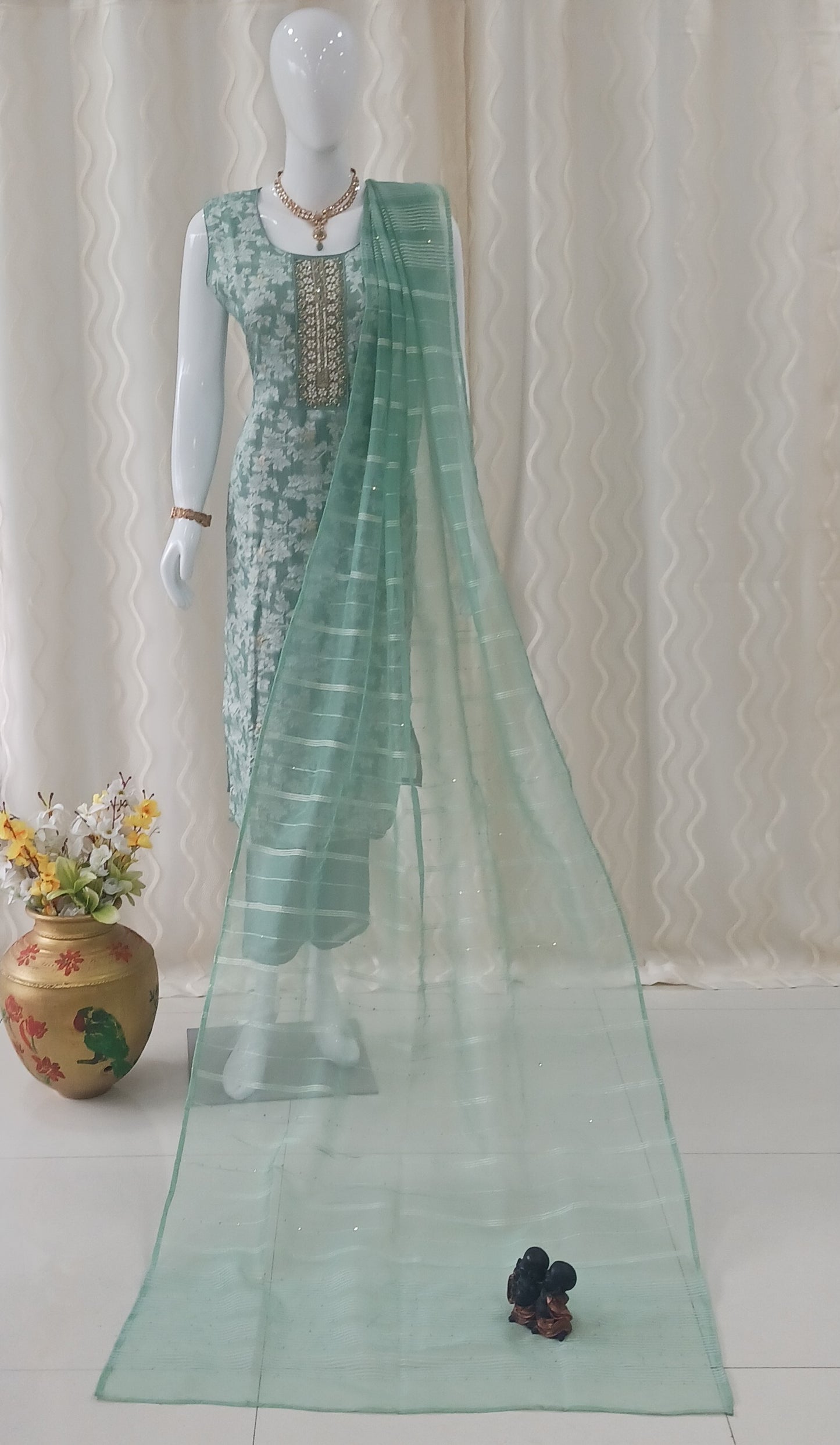 Straight Cut 3-Piece Suit with Netted Dupatta and Attached Sleeves