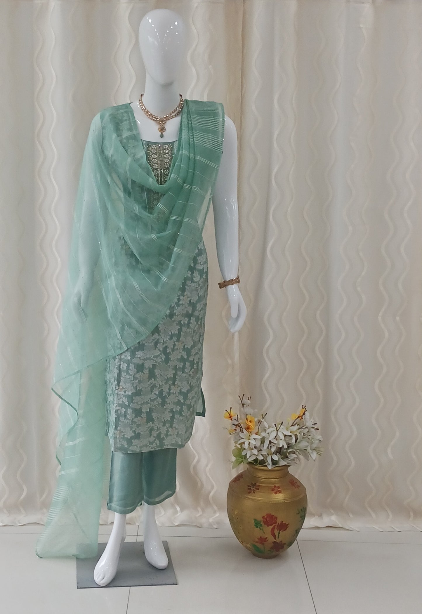 Straight Cut 3-Piece Suit with Netted Dupatta and Attached Sleeves