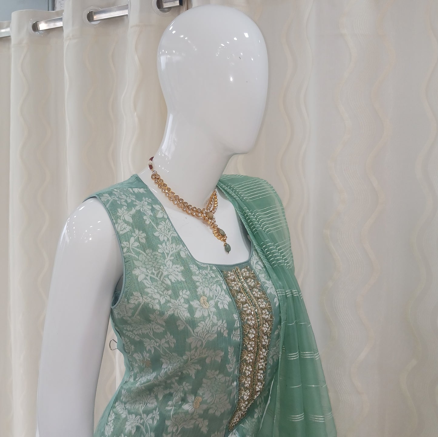 Straight Cut 3-Piece Suit with Netted Dupatta and Attached Sleeves