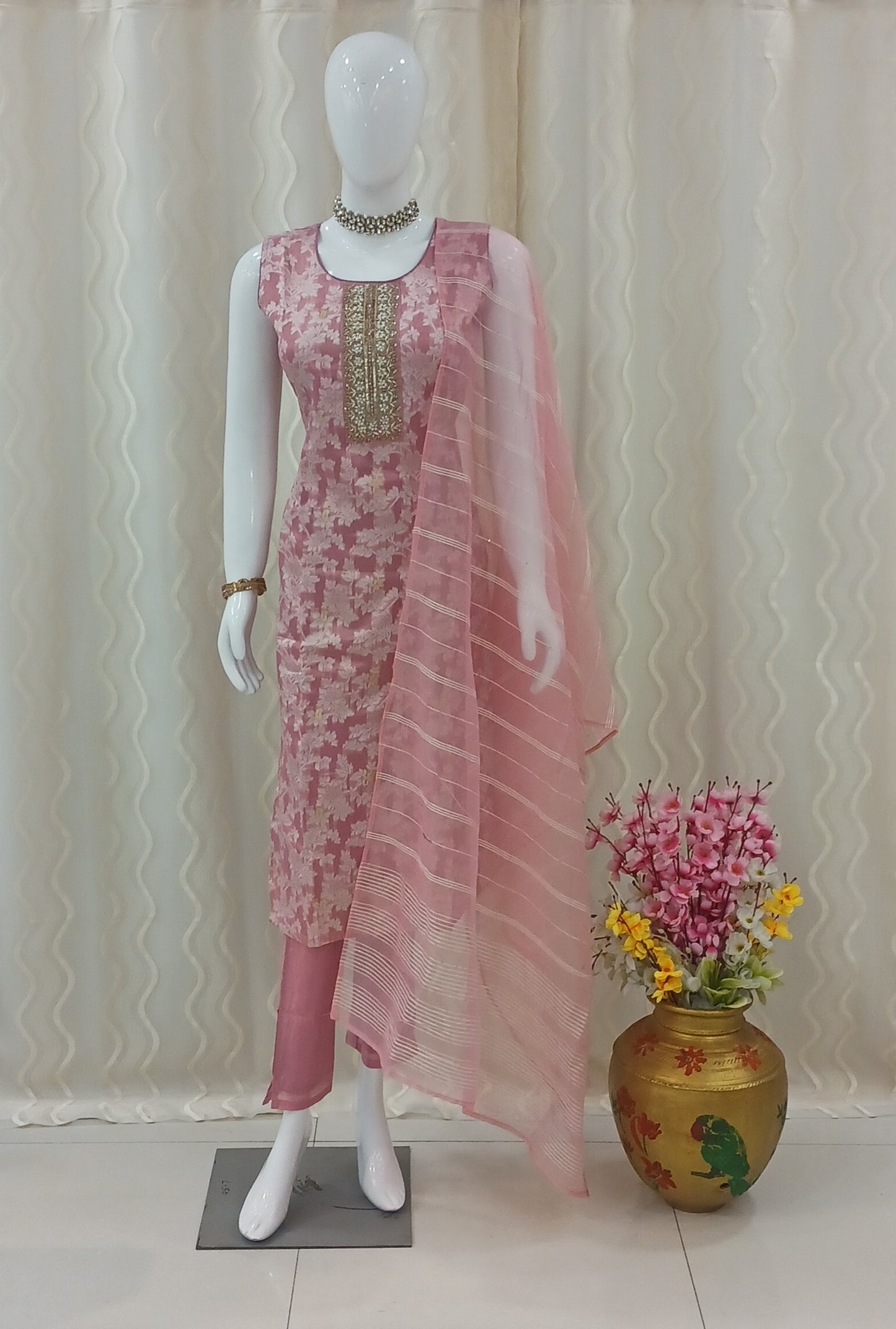 Straight Cut 3-Piece Suit with Netted Dupatta and Attached Sleeves