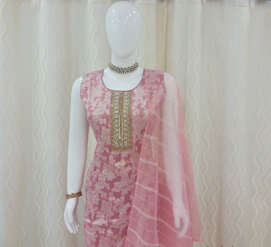 Straight Cut 3-Piece Suit with Netted Dupatta and Attached Sleeves