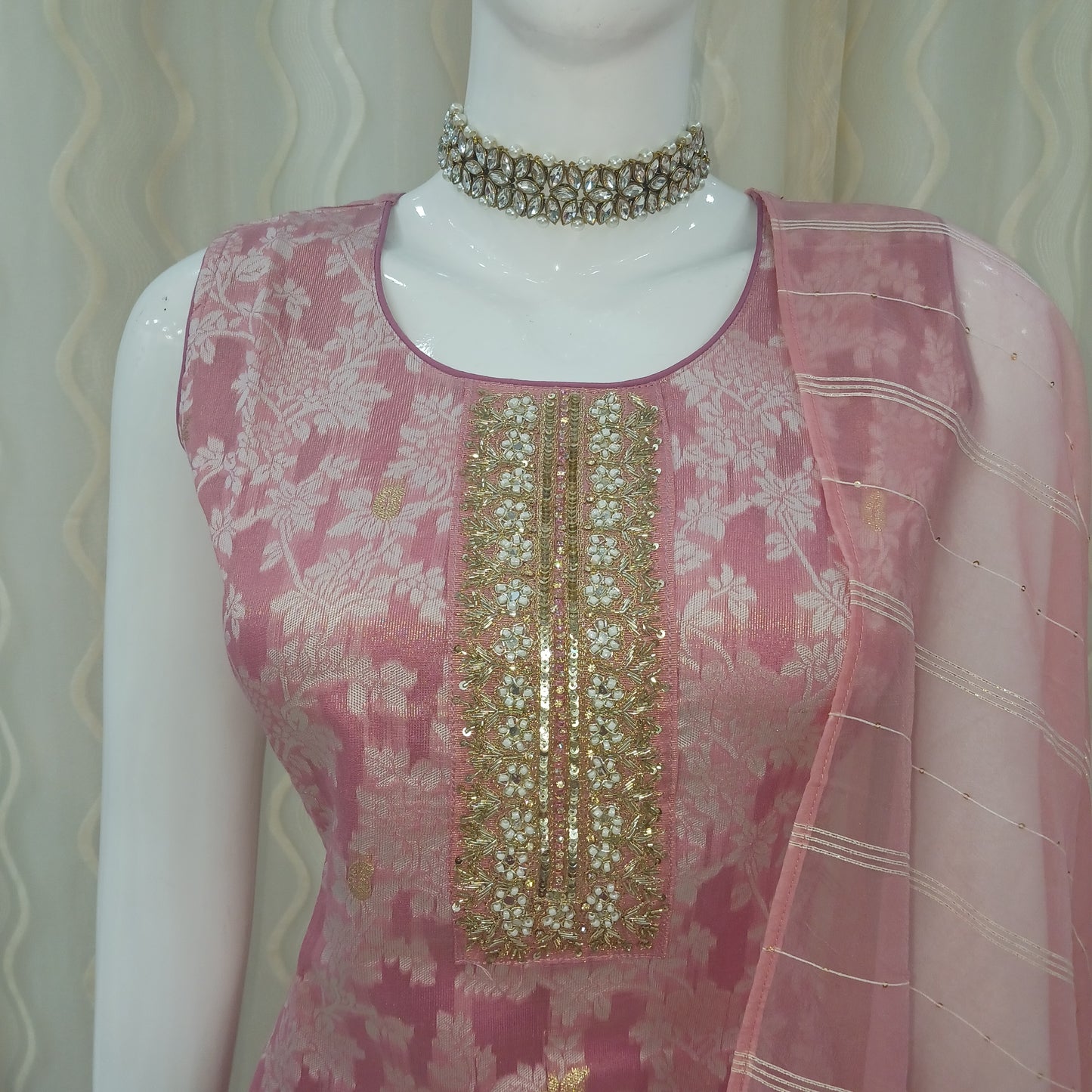 Straight Cut 3-Piece Suit with Netted Dupatta and Attached Sleeves