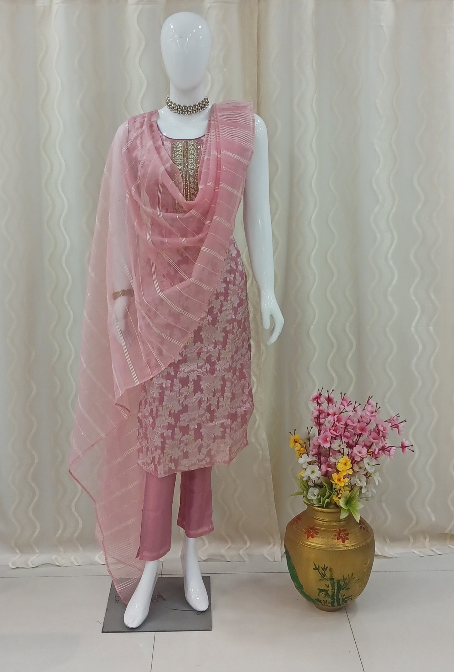 Straight Cut 3-Piece Suit with Netted Dupatta and Attached Sleeves
