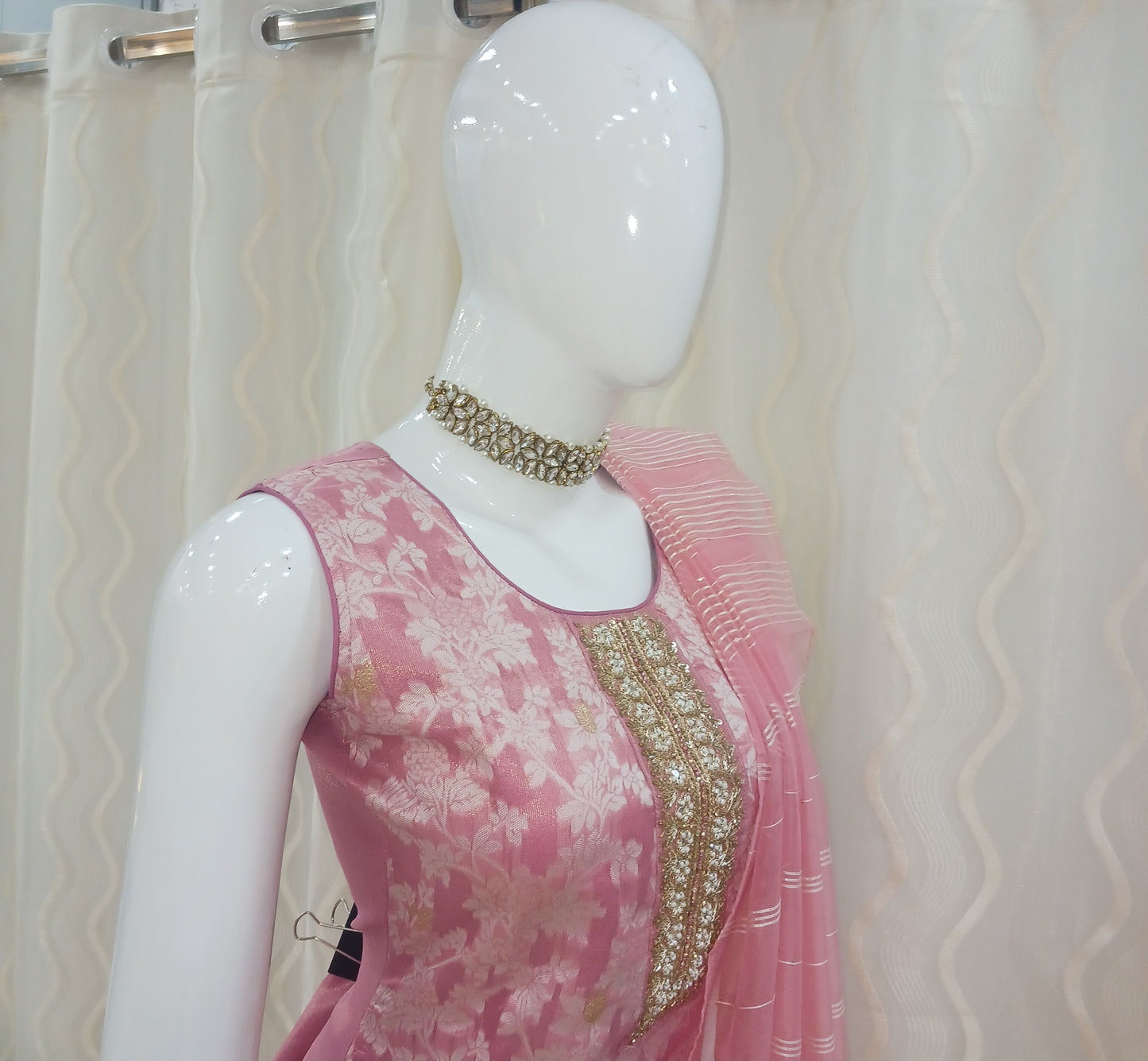 Straight Cut 3-Piece Suit with Netted Dupatta and Attached Sleeves