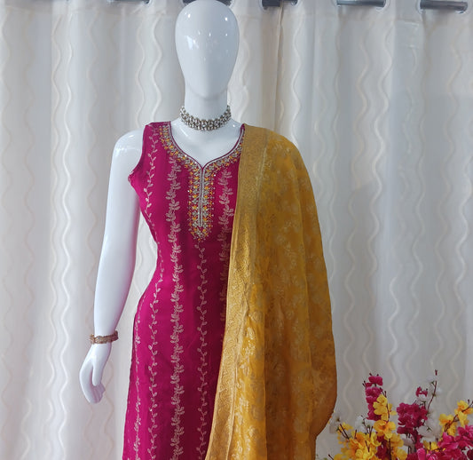 Straight Cut 3-Piece Suit with Banaras Dupatta and Attached Sleeves