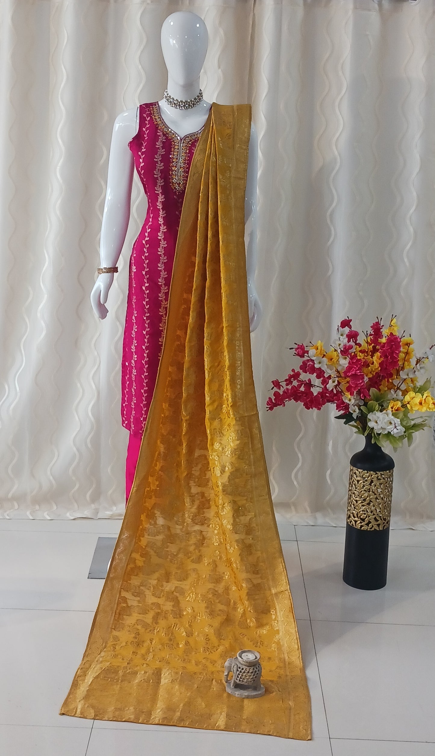 Straight Cut 3-Piece Suit with Banaras Dupatta and Attached Sleeves