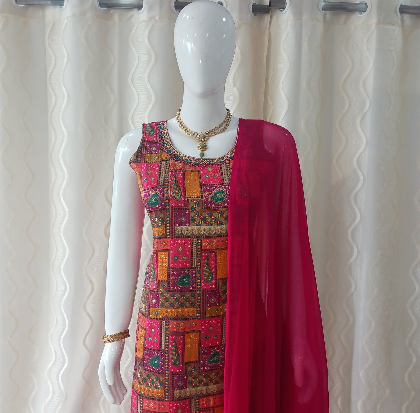 Straight Cut 3-Piece Suit with Chiffon Dupatta and Attached Sleeves