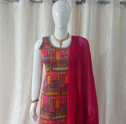 Straight Cut 3-Piece Suit with Chiffon Dupatta and Attached Sleeves