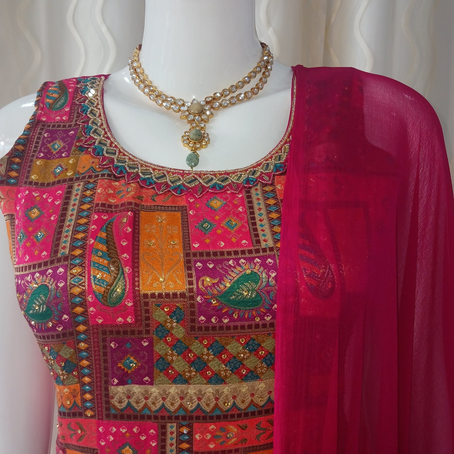 Straight Cut 3-Piece Suit with Chiffon Dupatta and Attached Sleeves