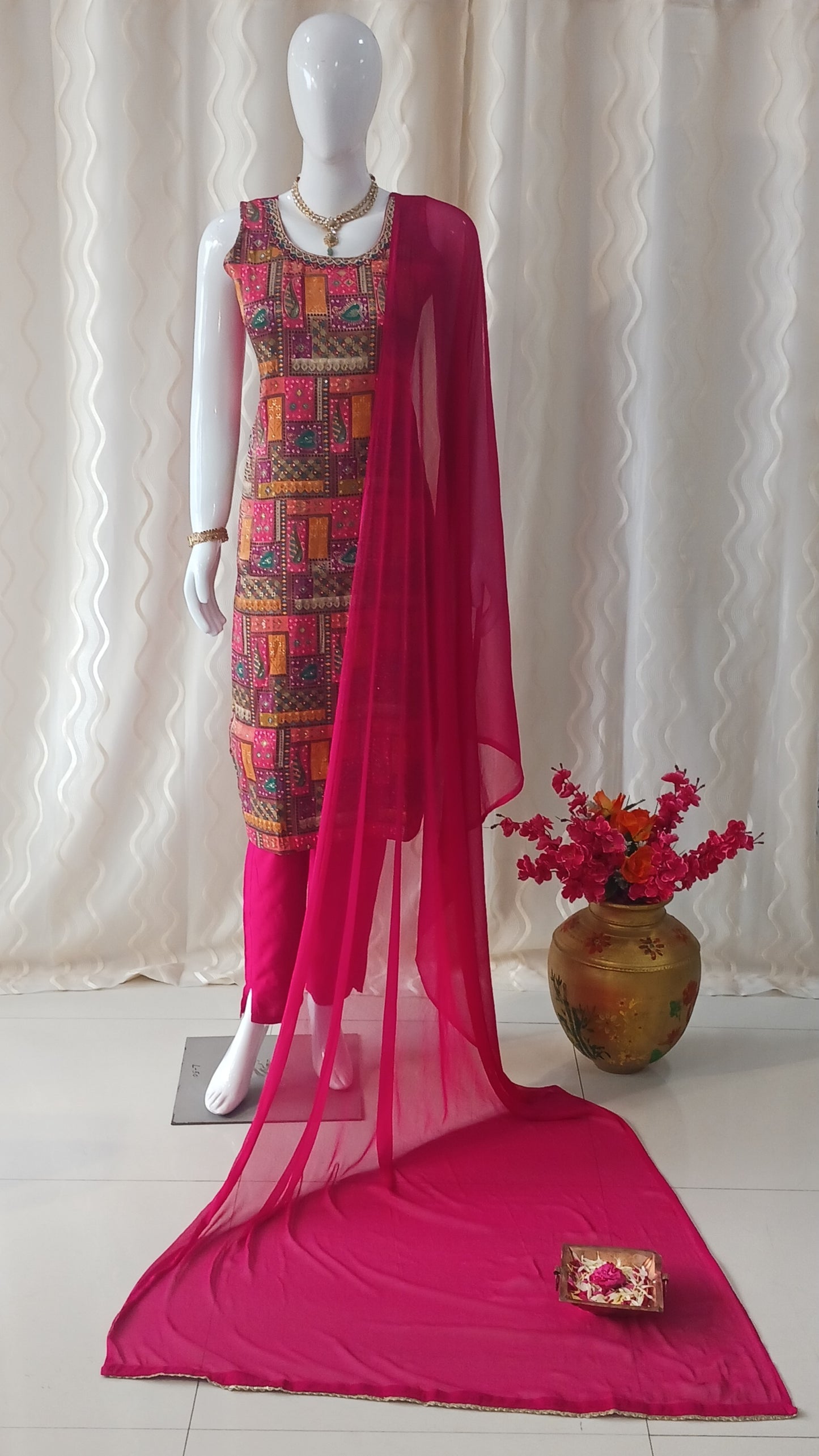 Straight Cut 3-Piece Suit with Chiffon Dupatta and Attached Sleeves