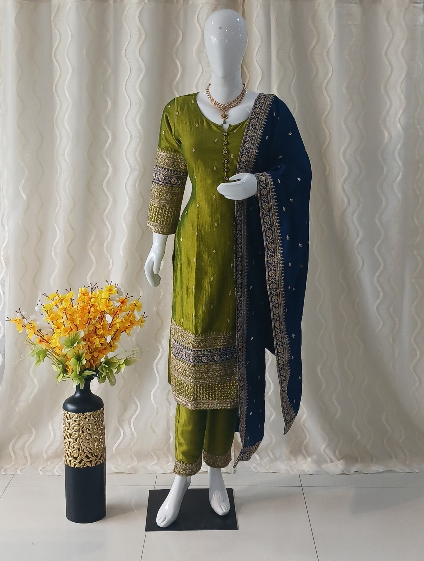 Straight Cut 3-Piece Suit with Dupatta and Full Sleeves