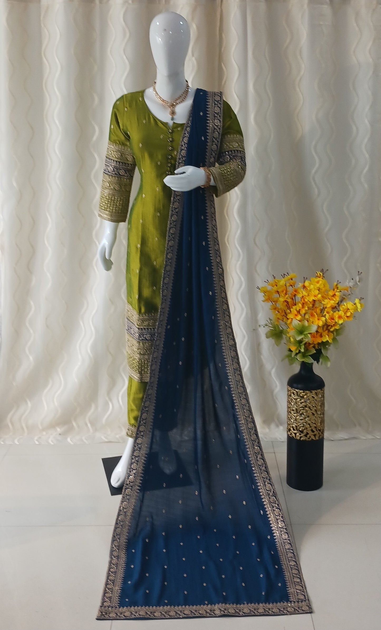 Straight Cut 3-Piece Suit with Dupatta and Full Sleeves
