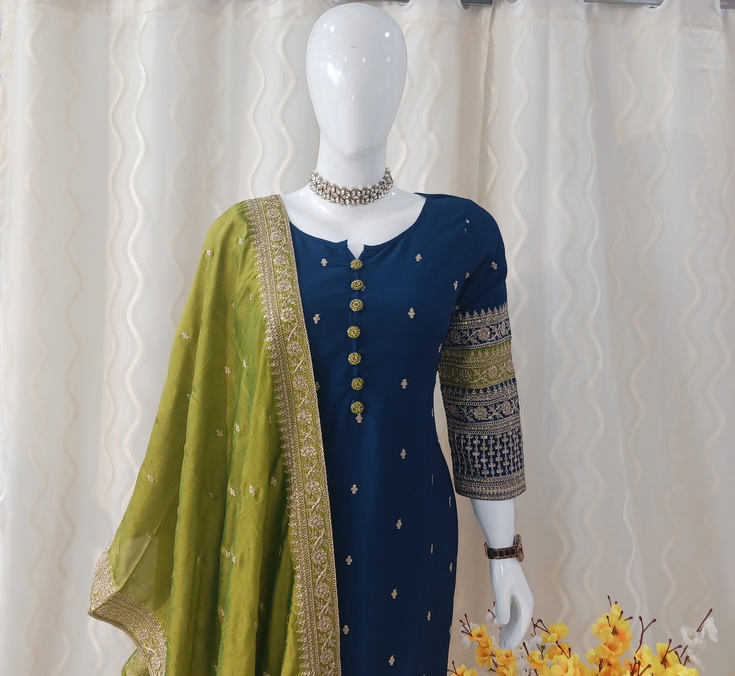 Straight Cut 3-Piece Suit with Dupatta and Full Sleeves
