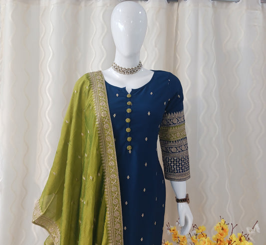 Straight Cut 3-Piece Suit with Dupatta and Full Sleeves