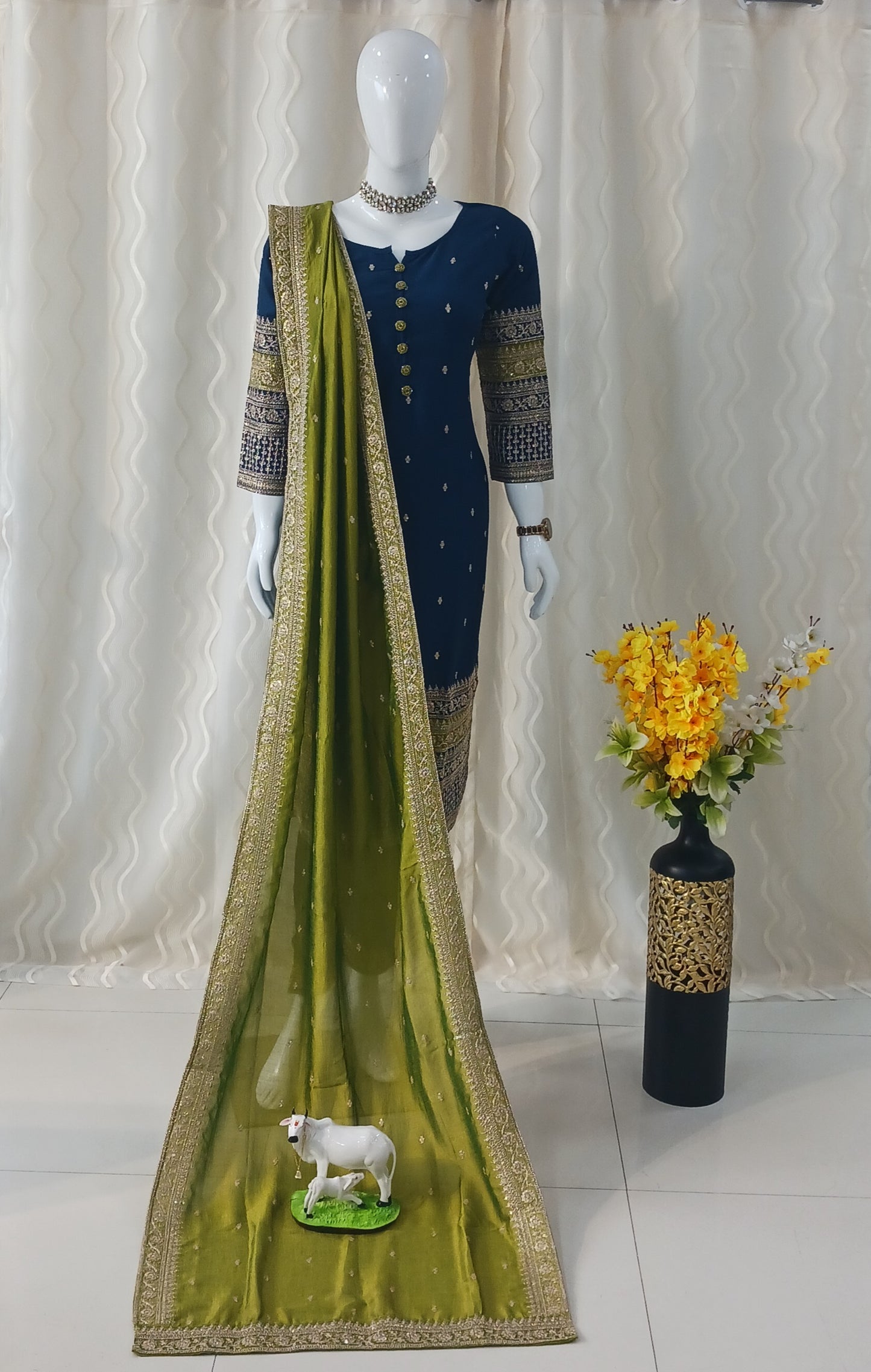 Straight Cut 3-Piece Suit with Dupatta and Full Sleeves