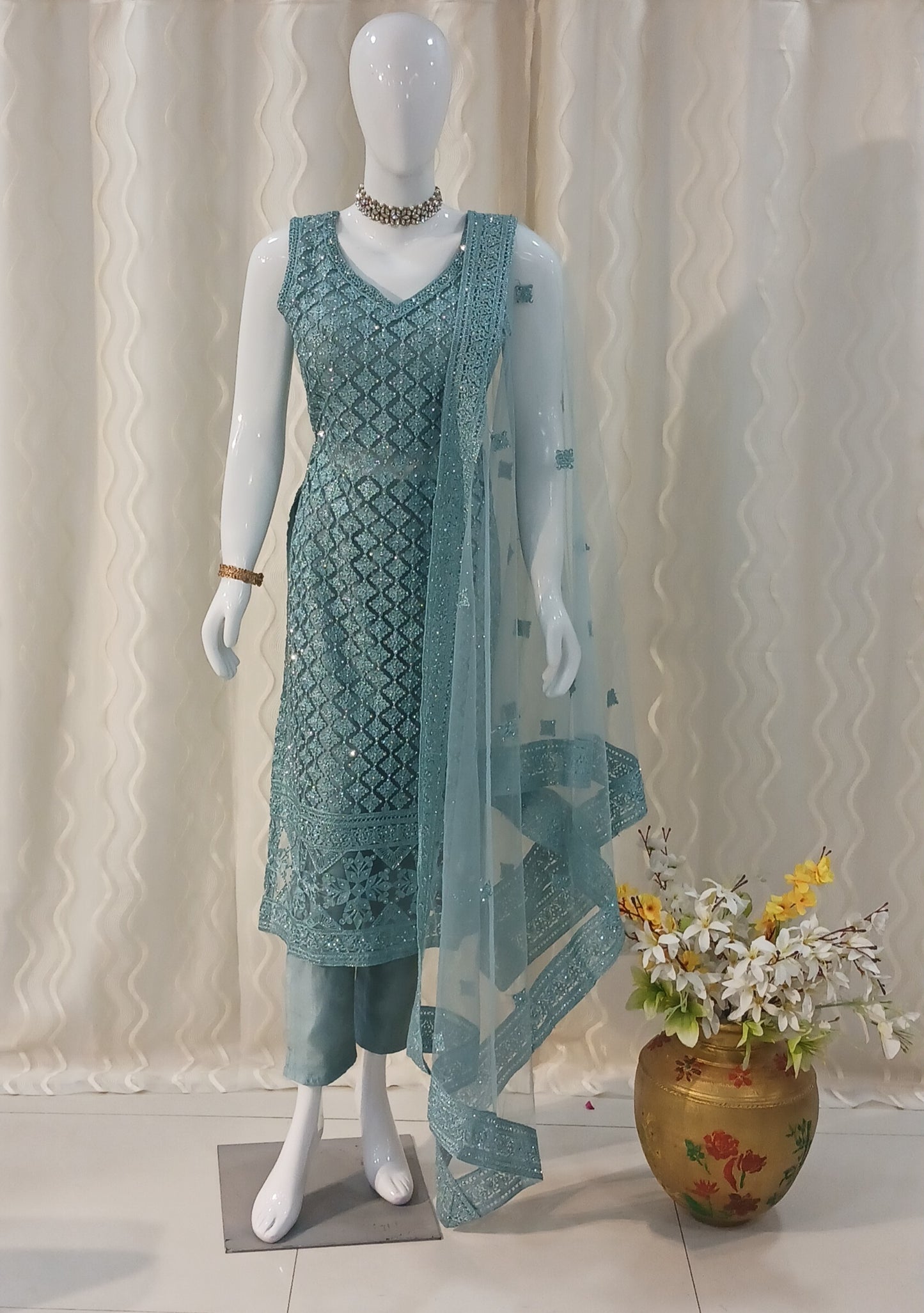Straight Cut 3-Piece Suit with Netted Work Dupatta and Attached Sleeves