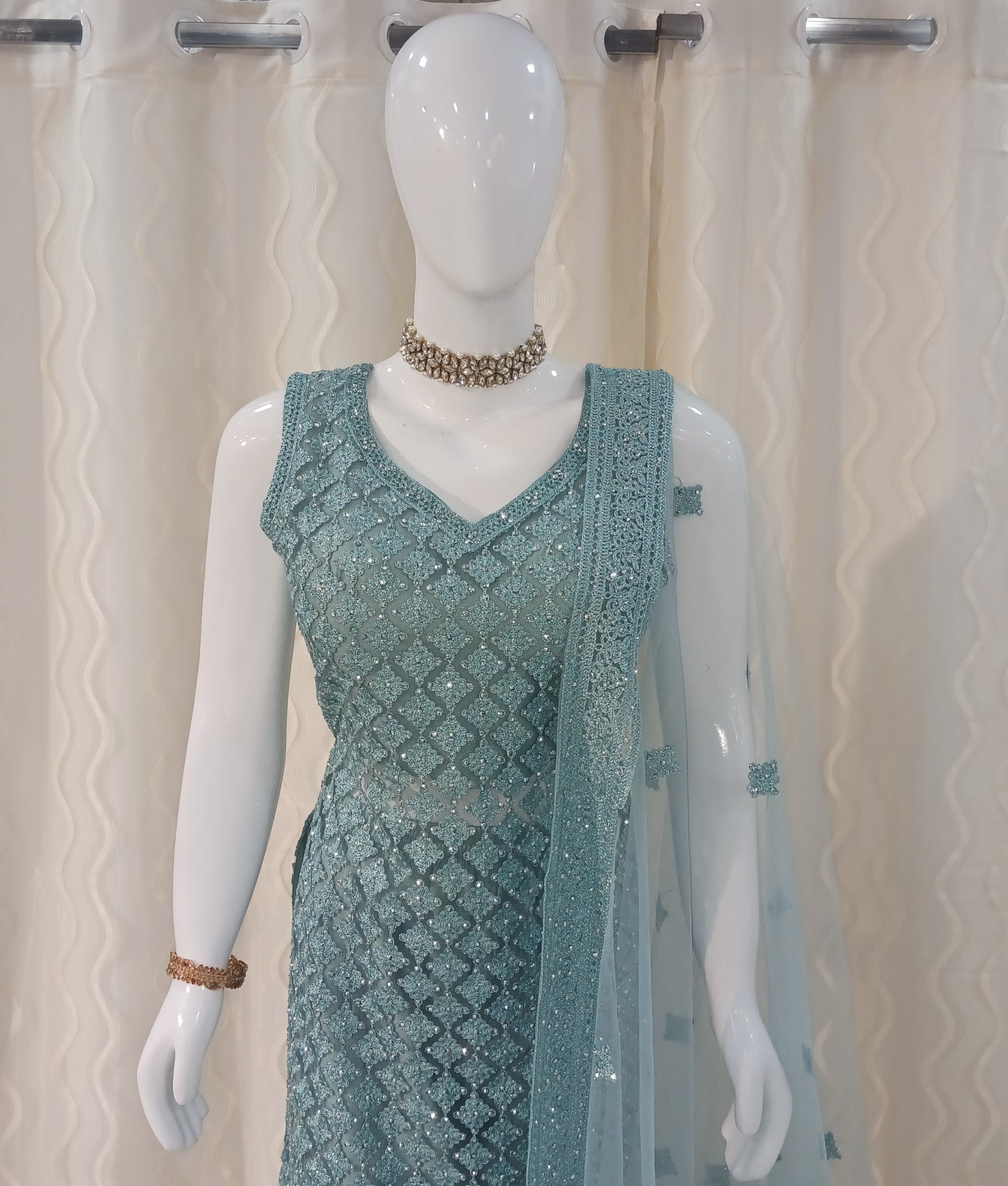 Straight Cut 3-Piece Suit with Netted Work Dupatta and Attached Sleeves