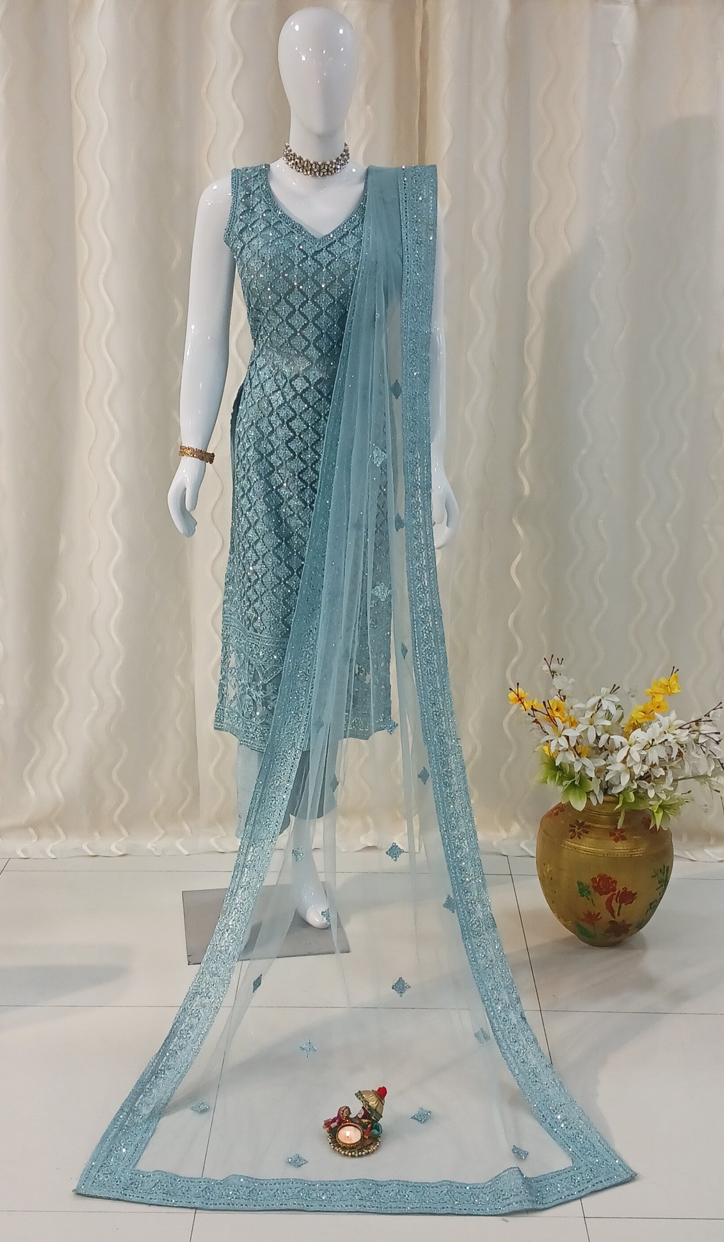 Straight Cut 3-Piece Suit with Netted Work Dupatta and Attached Sleeves