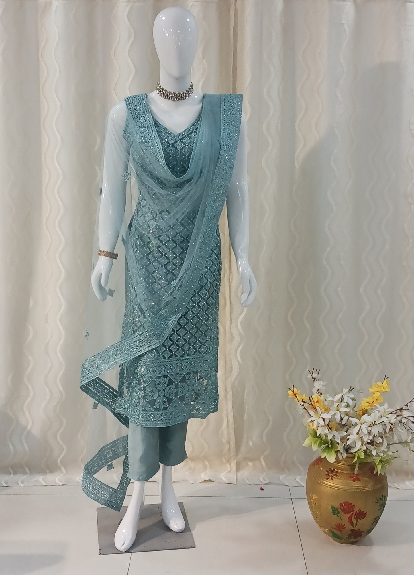 Straight Cut 3-Piece Suit with Netted Work Dupatta and Attached Sleeves