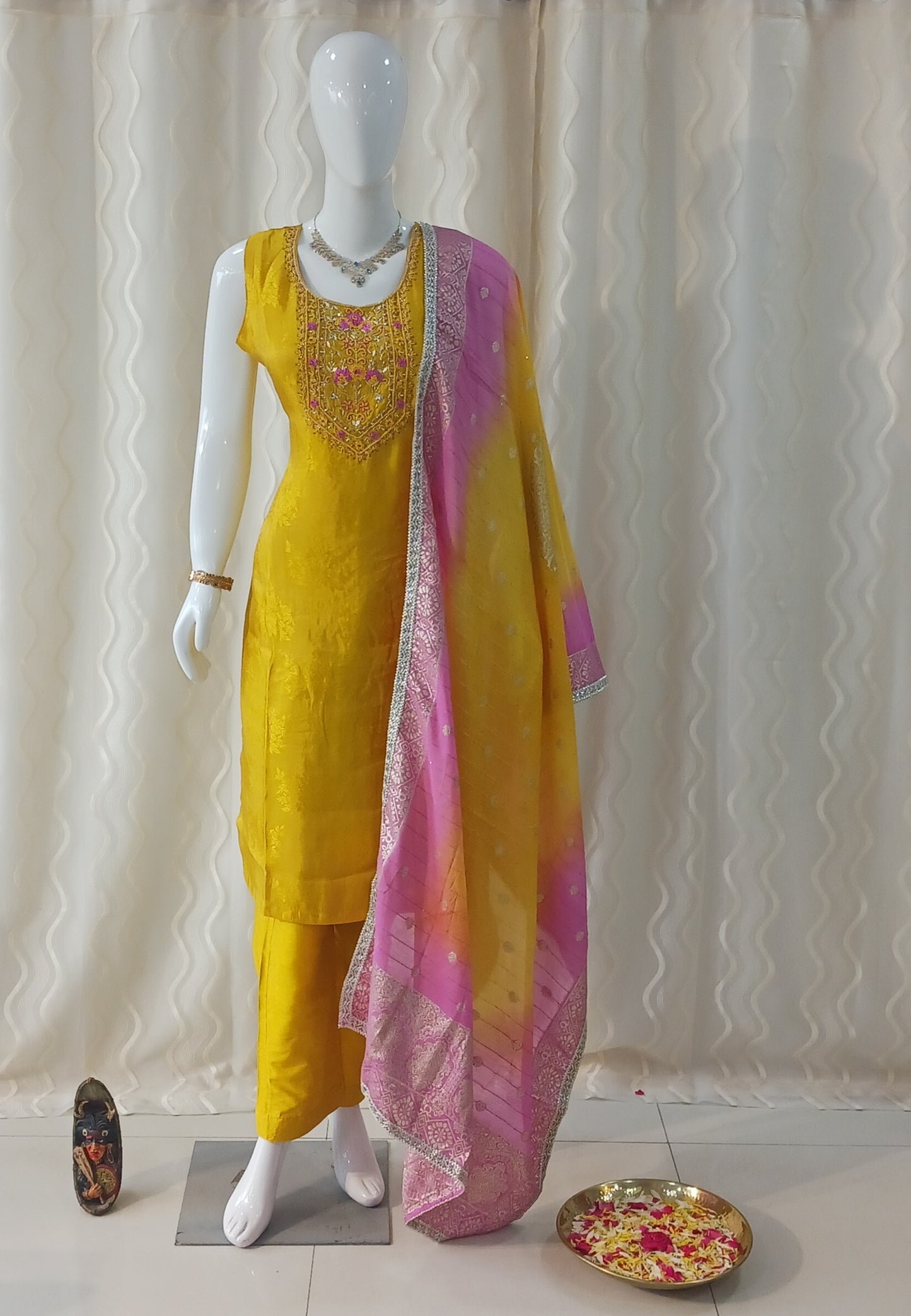 Straight Cut 3-Piece Suit with Netted Work Dupatta and Attached Sleeves