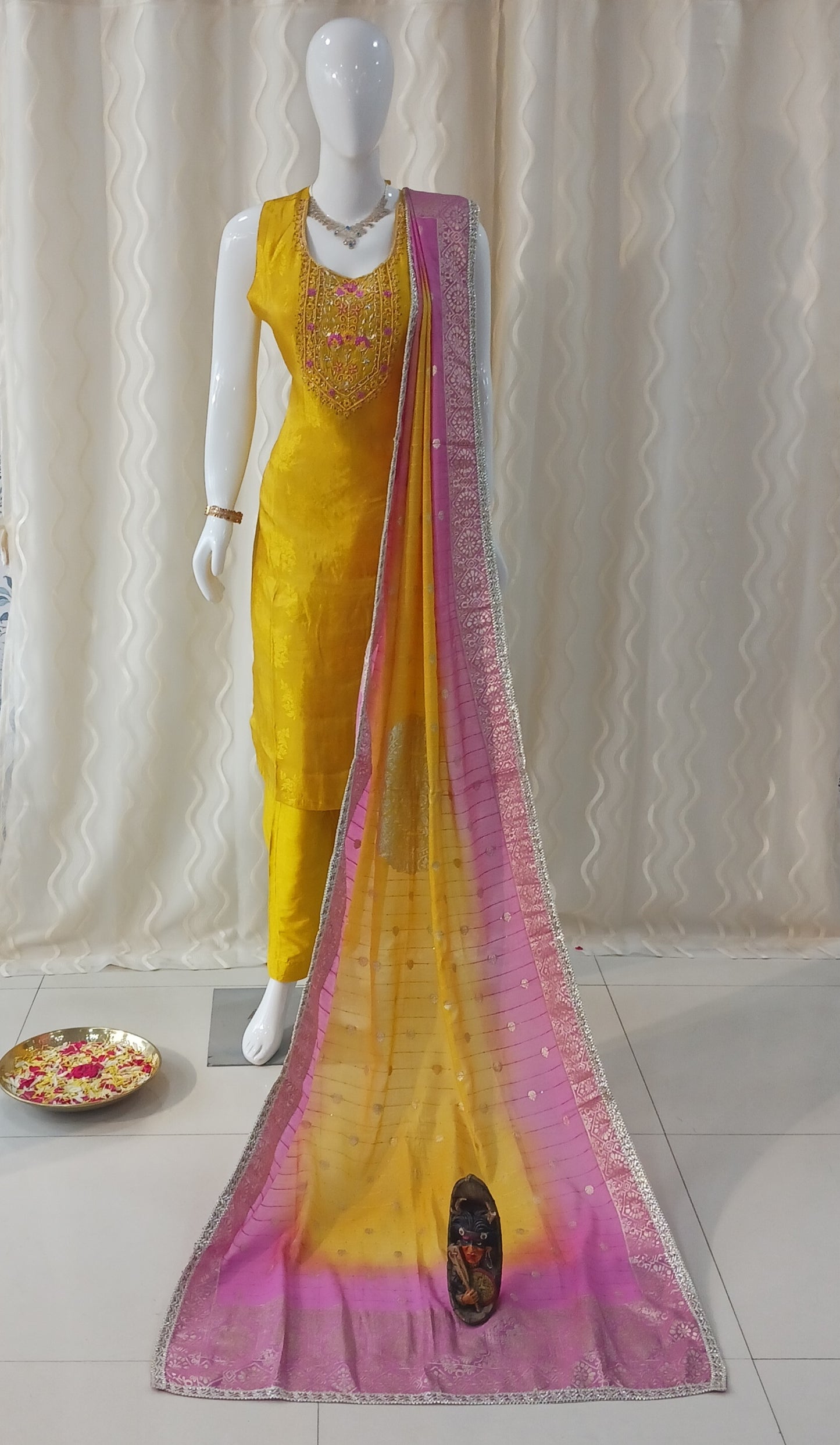 Straight Cut 3-Piece Suit with Netted Work Dupatta and Attached Sleeves